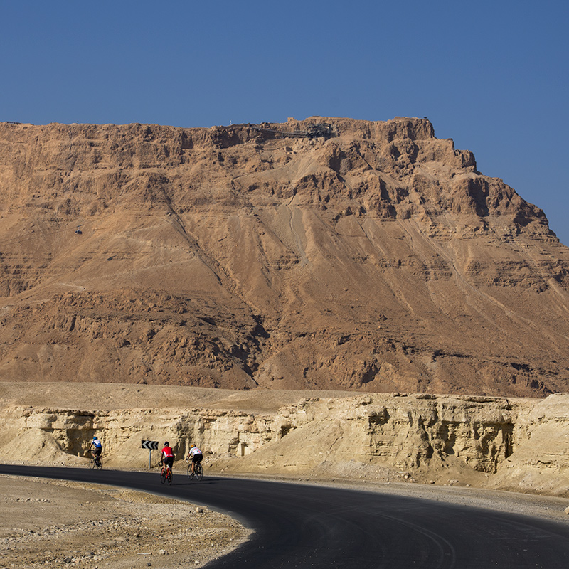 Masada tour: King Herod’s desert fortress above the Dead Sea Three cyclists ride a curving desert road below the sheer brown cliffs of Masada under a clear blue sky.